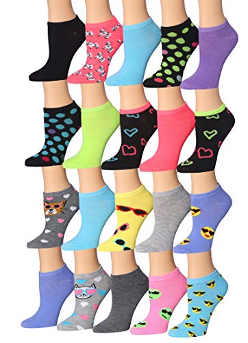 A colorful assortment of Tipi Toe Women's low cut no show socks featuring various patterns including stripes, polka dots, and floral designs.