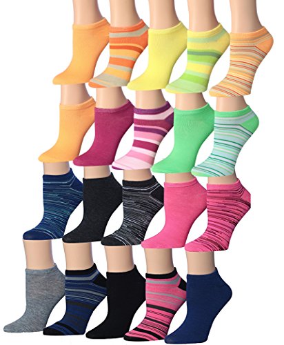 A colorful assortment of Tipi Toe Women's low cut/no show socks featuring various patterns and designs, neatly arranged.