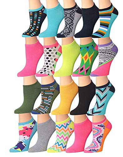 A colorful assortment of Tipi Toe Women's low cut/no show socks, featuring various patterns like stripes and polka dots, neatly arranged.