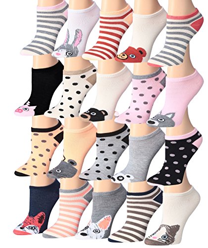 A colorful assortment of Tipi Toe Women's low cut/no show socks, featuring various vibrant patterns and designs, neatly arranged in pairs.