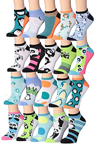 A colorful assortment of Tipi Toe Women's low cut/no show socks featuring various patterns including stripes, polka dots, and floral designs.