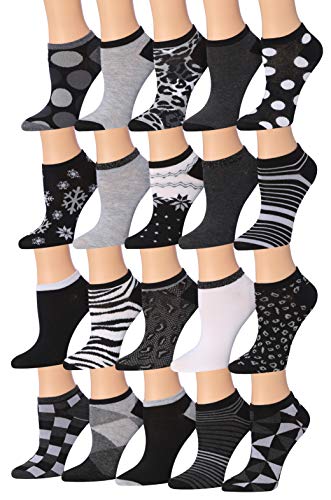 A colorful assortment of Tipi Toe Women's low cut/no show socks, featuring various vibrant patterns and designs, neatly arranged.