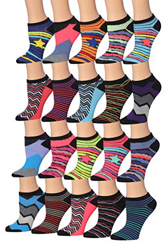 A colorful assortment of Tipi Toe Women's low cut/no show socks, featuring various patterns and designs, neatly arranged in pairs.