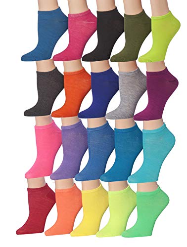 A collection of Tipi Toe Women's 20 Pairs Colorful Patterned Low Cut/No Show Socks featuring various vibrant designs and colors.