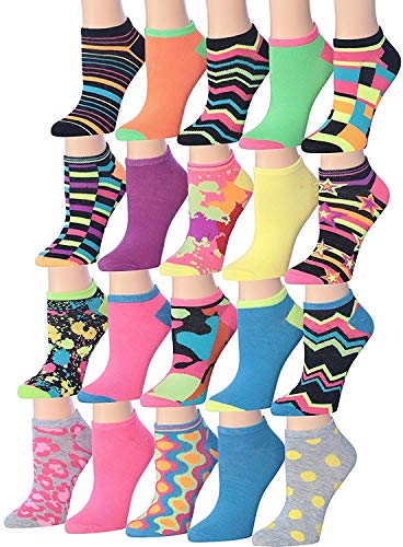 A collection of Tipi Toe Women's 20 pairs of colorful patterned low cut/no show socks displayed together, showcasing various vibrant designs.