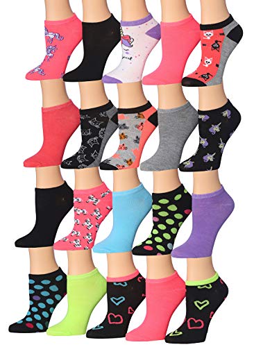 A colorful assortment of Tipi Toe Women's low cut/no show socks featuring various patterns and designs, neatly arranged in pairs.