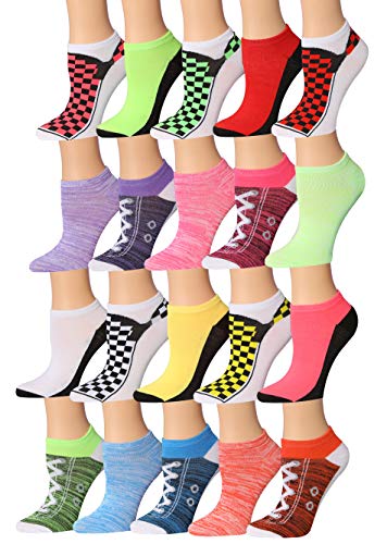 A colorful assortment of Tipi Toe Women's low cut/no show socks featuring various vibrant patterns.