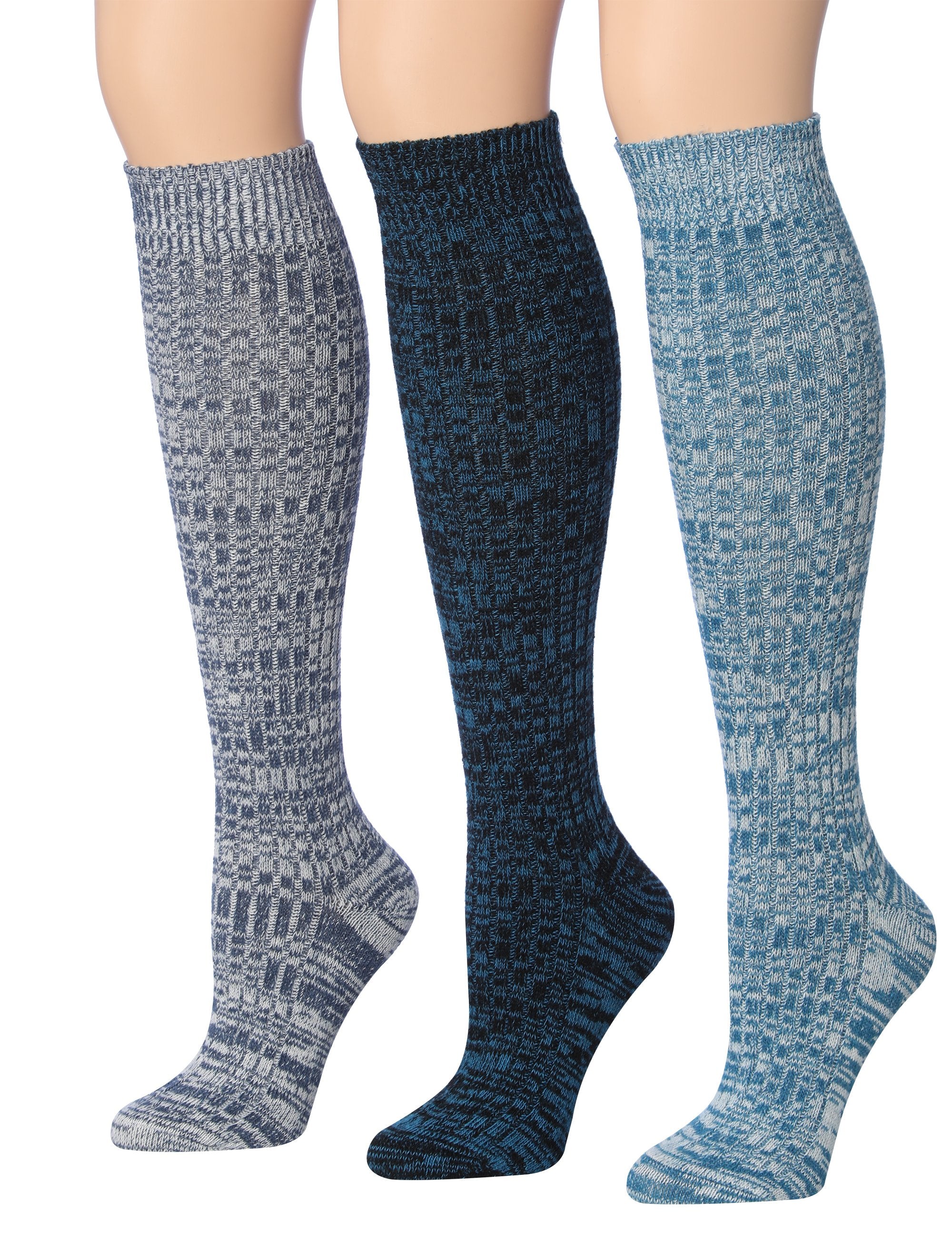 Tipi Toe Women's Ragg Marled Ribbed Boot Socks in various colors, showcasing their over the calf/knee high design and ribbed texture.