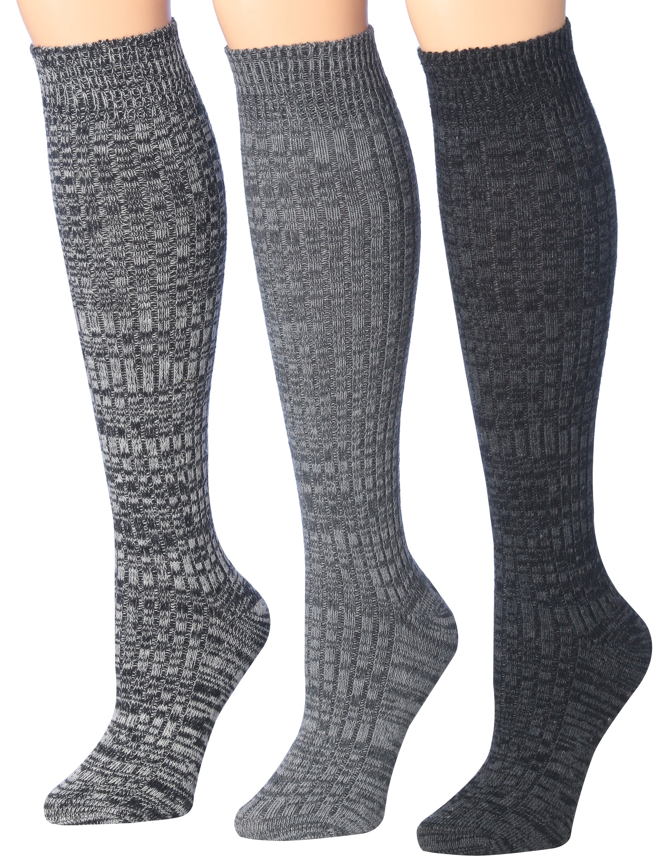 Tipi Toe Women's Ragg Marled Ribbed Boot Socks in various colors, showcasing their over the calf/knee high design and ribbed texture.