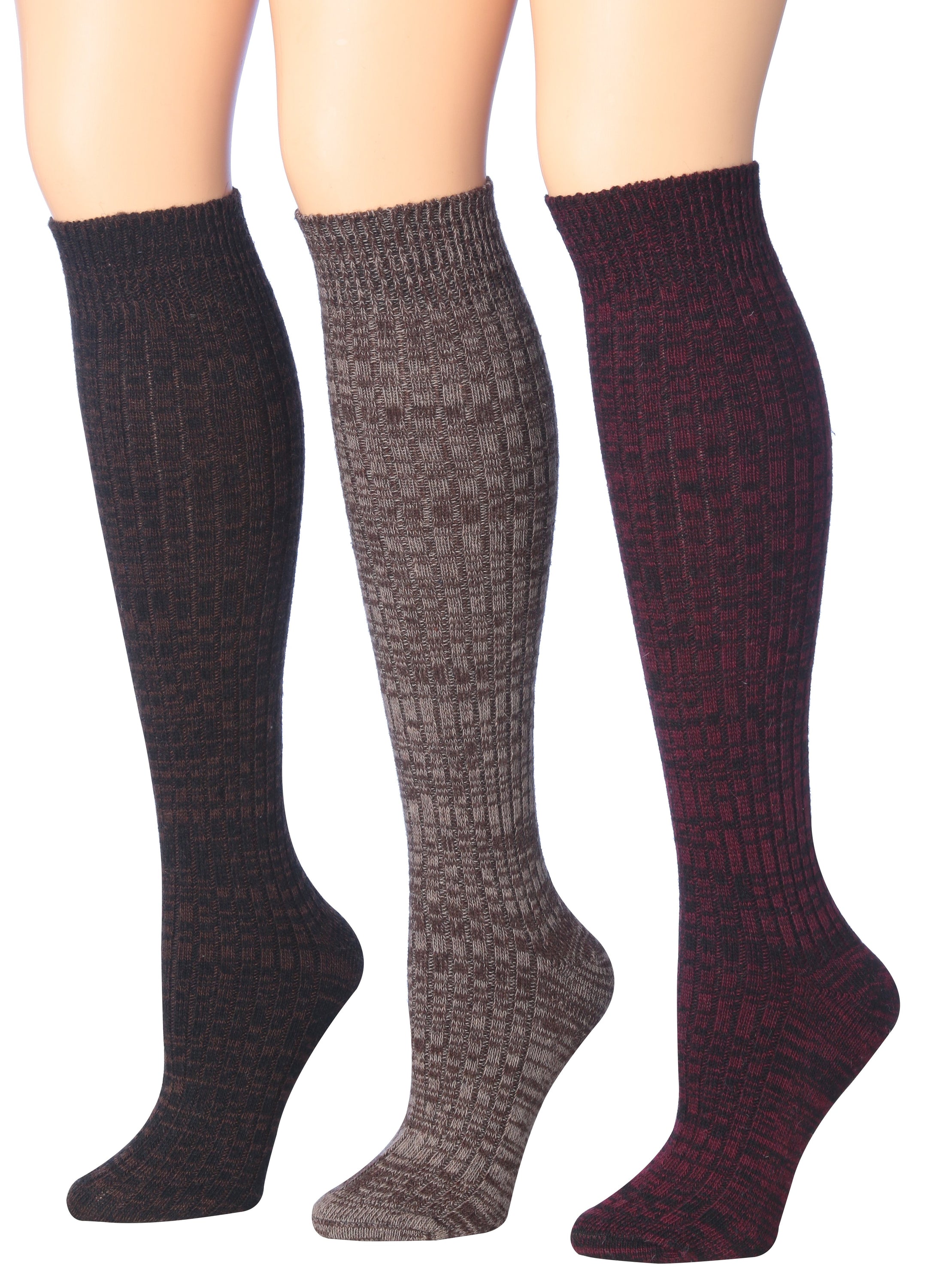 Tipi Toe Women's Ragg Marled Ribbed Boot Socks in various colors, showcasing their over the calf/knee high design and ribbed texture.