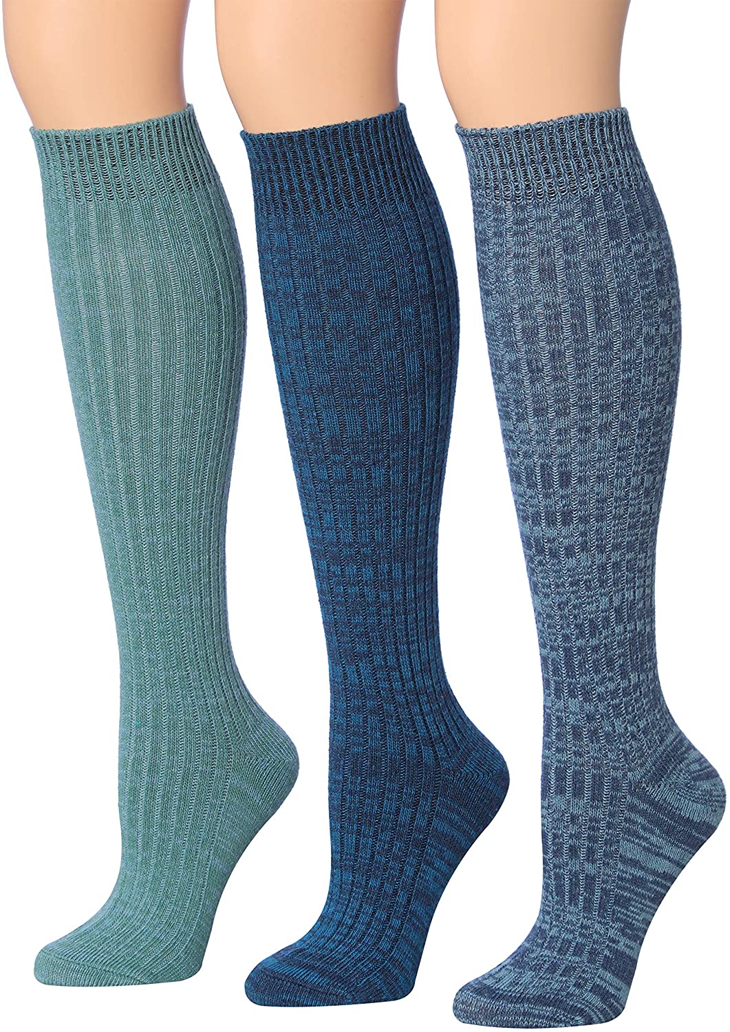 Tipi Toe Women's Ragg Marled Ribbed Boot Socks in various colors, showcasing their over the calf/knee high design and ribbed texture.