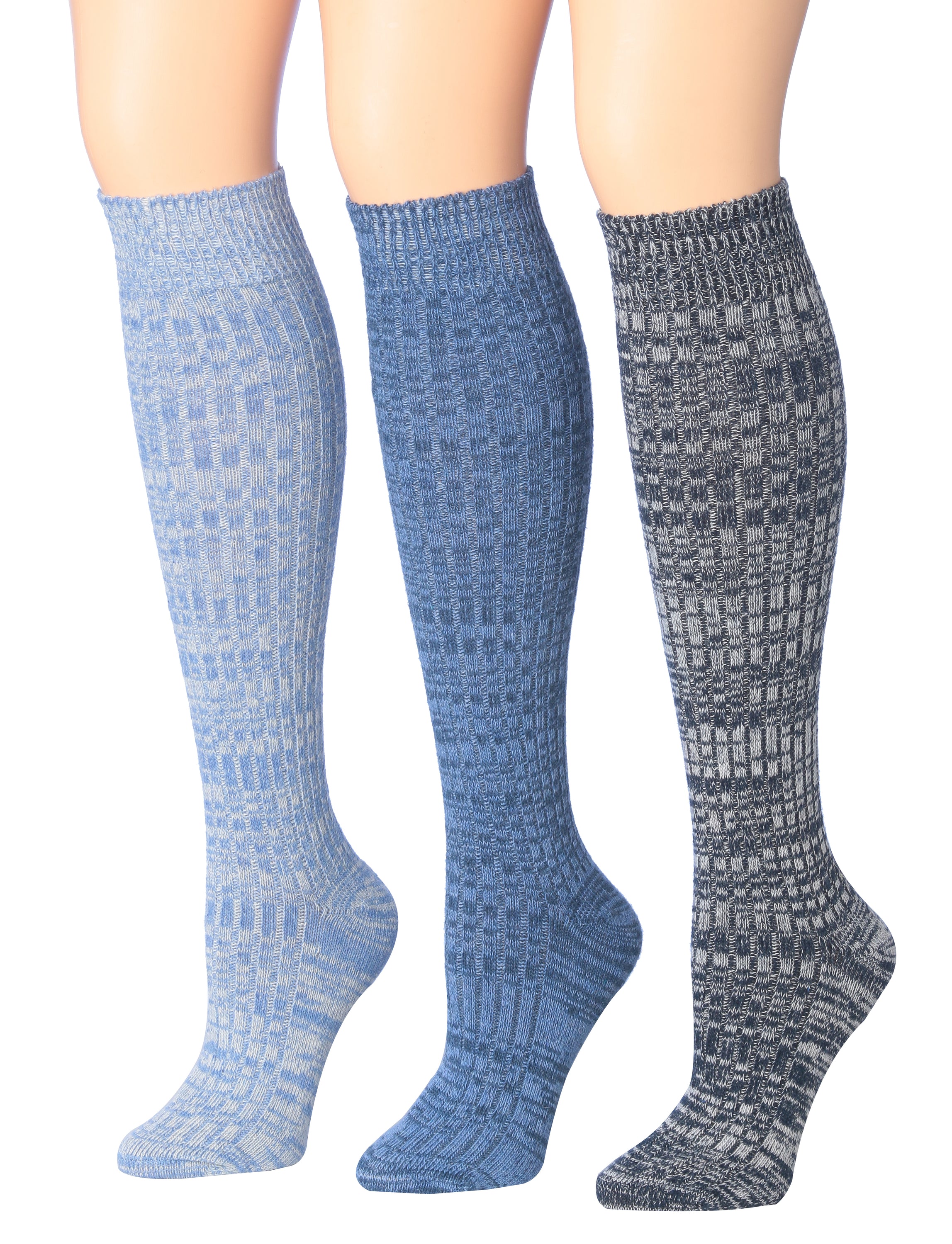 Tipi Toe Women's Ragg Marled Ribbed Boot Socks in various colors, showcasing their over the calf/knee high design and ribbed texture.