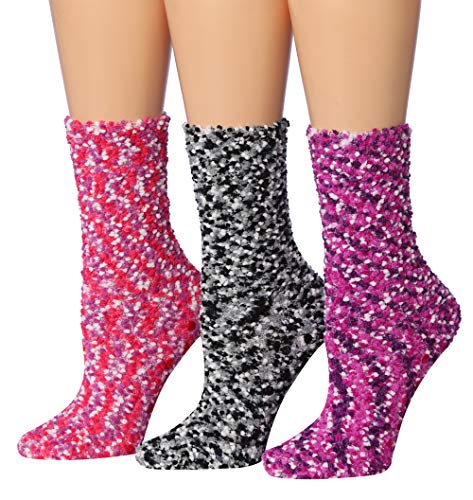 Tipi Toe Women's 3-Pairs Cozy Microfiber Anti-Skid Soft Fuzzy Crew Socks in assorted colors, showcasing their soft texture and anti-skid soles.