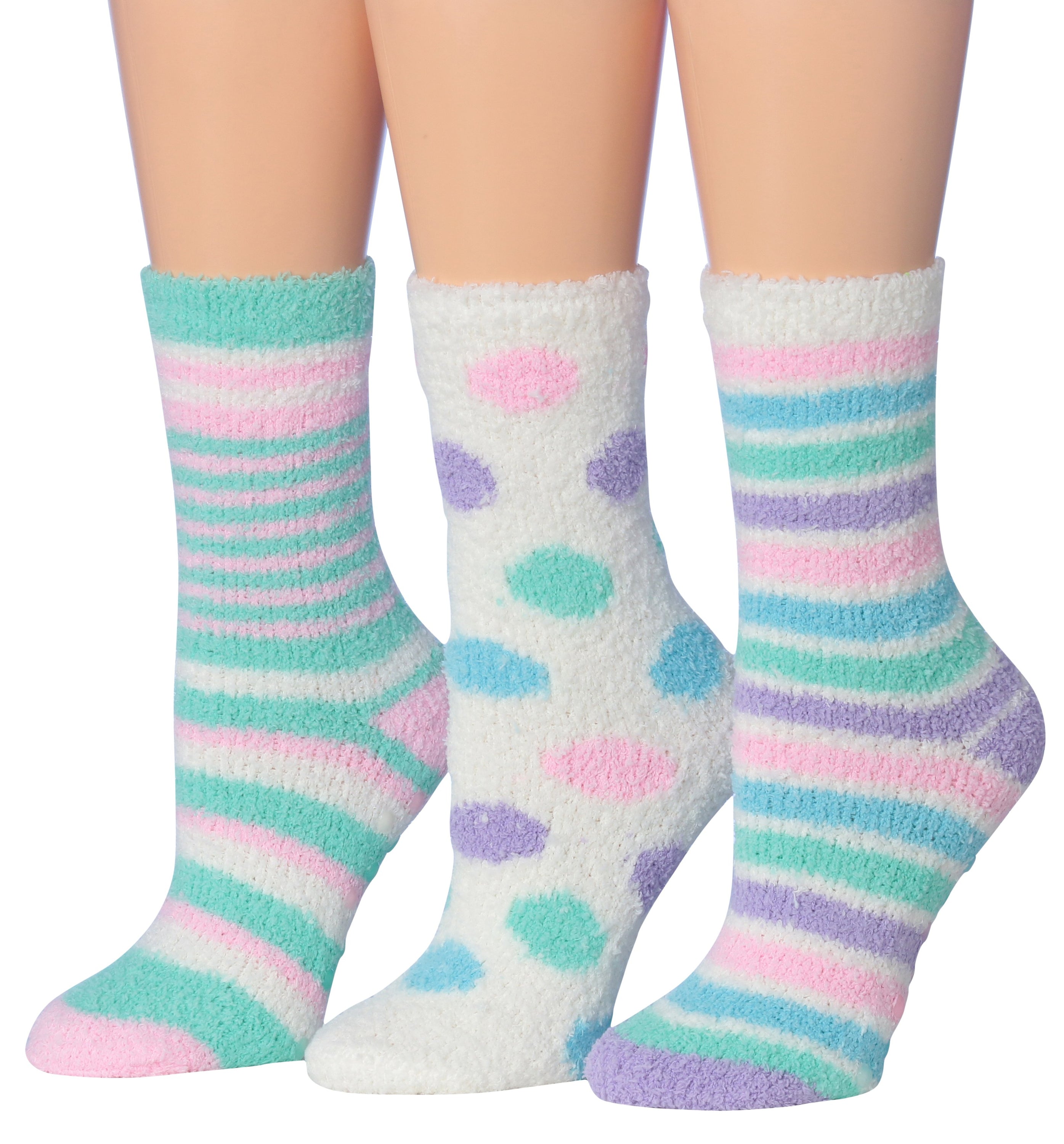 Tipi Toe Women's 3-Pairs Winter Snowflakes Anti-Skid Soft Fuzzy Crew Socks in various colors with snowflake patterns.