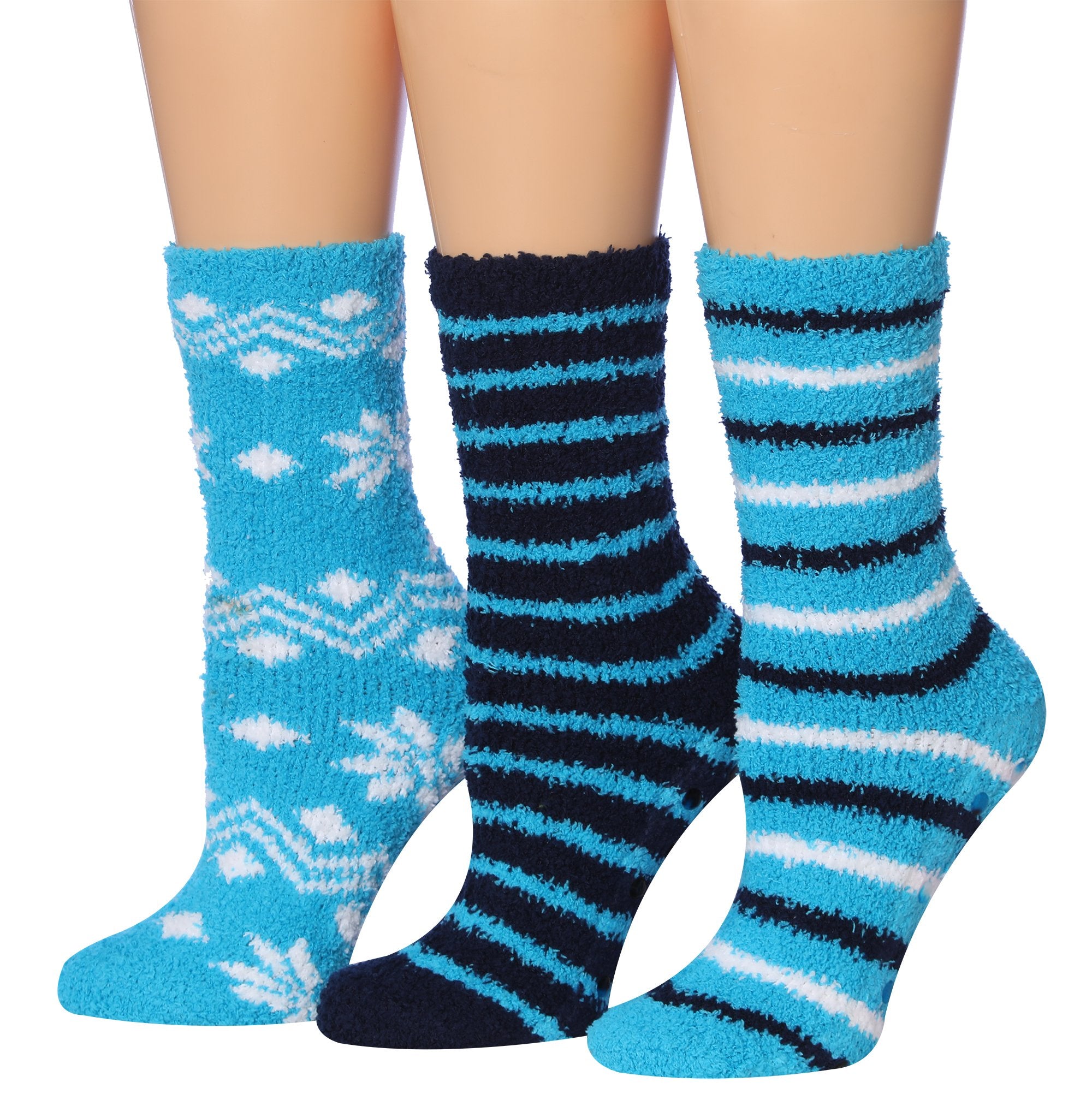 Tipi Toe Women's 3-Pairs Winter Snowflakes Anti-Skid Soft Fuzzy Crew Socks in various colors with snowflake patterns.