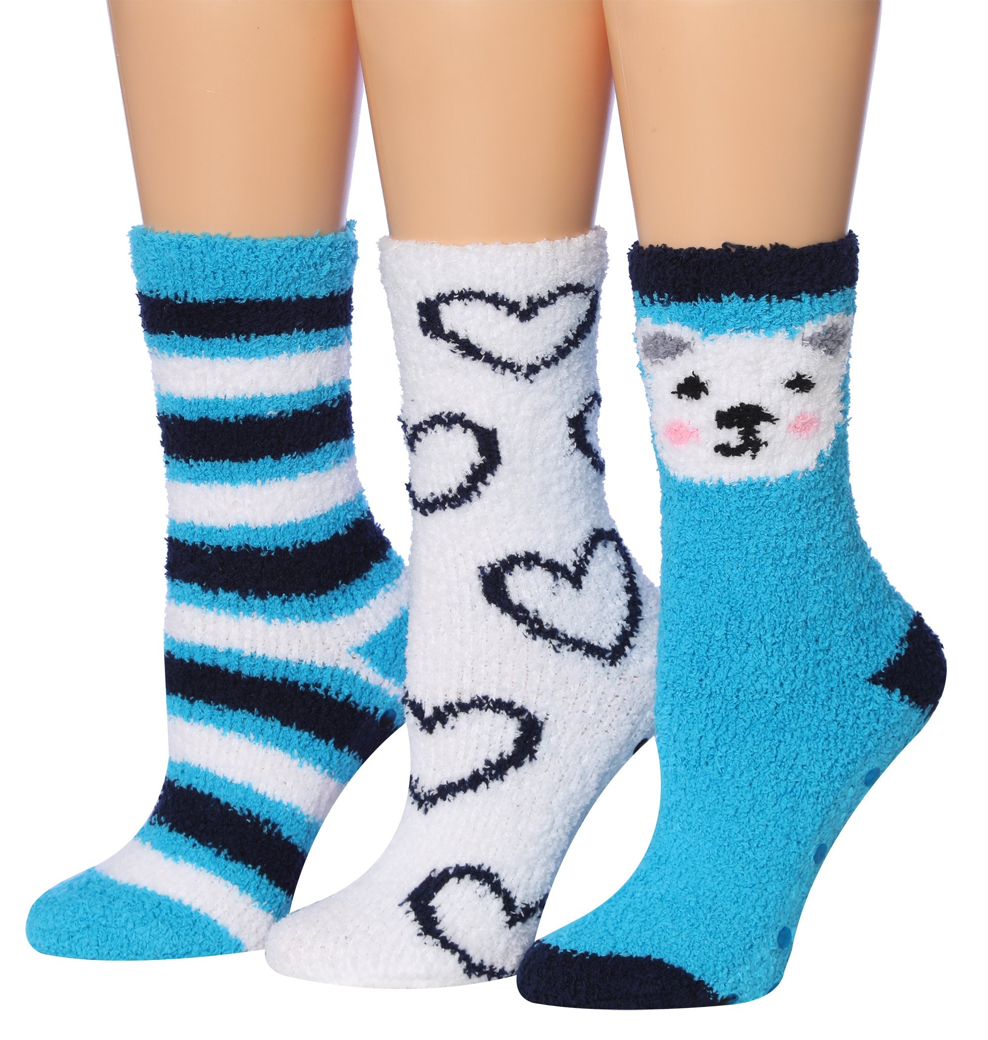 Tipi Toe Women's 3-Pairs Winter Snowflakes Anti-Skid Soft Fuzzy Crew Socks in various colors with snowflake patterns.