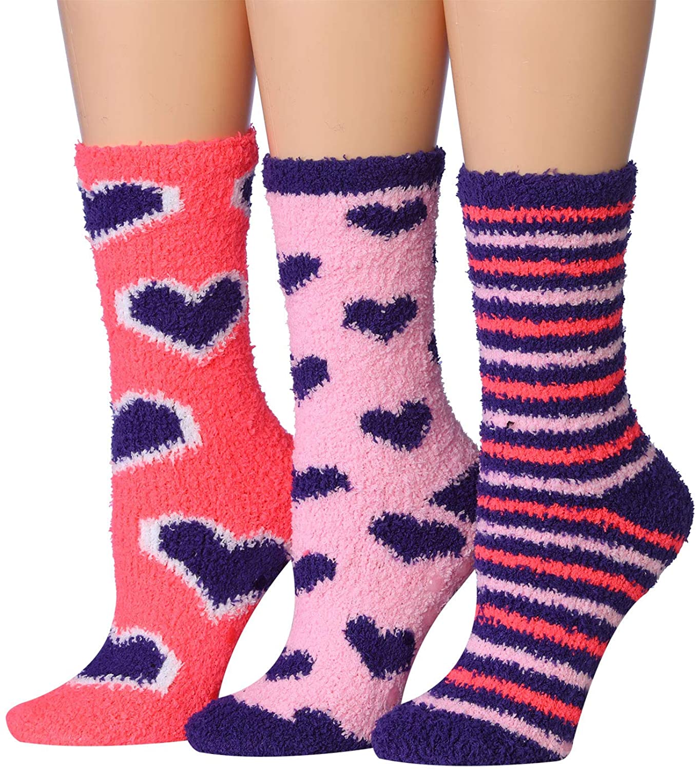 Tipi Toe Women's 3-Pairs Winter Snowflakes Anti-Skid Soft Fuzzy Crew Socks in various colors with snowflake patterns.