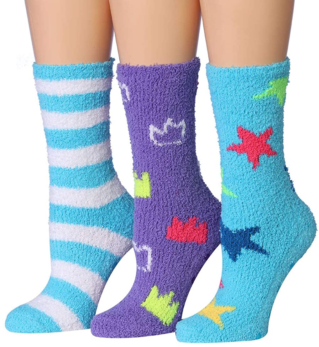 Tipi Toe Women's 3-Pairs Winter Snowflakes Anti-Skid Soft Fuzzy Crew Socks in various colors with snowflake patterns.