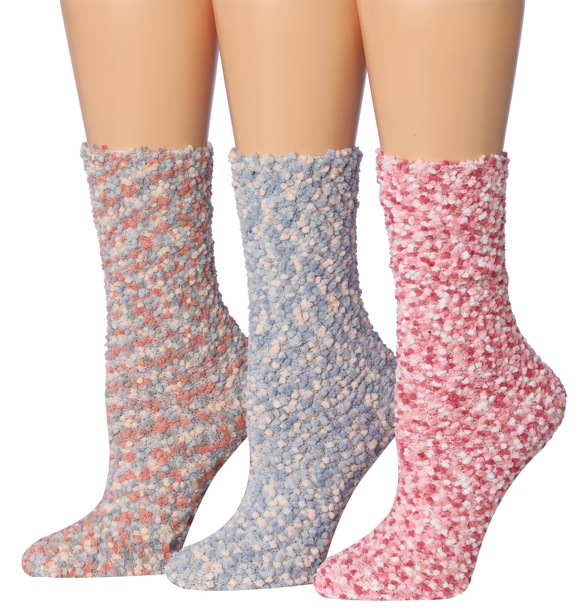 Tipi Toe Women's 3-Pairs Winter Snowflakes Anti-Skid Soft Fuzzy Crew Socks in various colors with snowflake patterns.