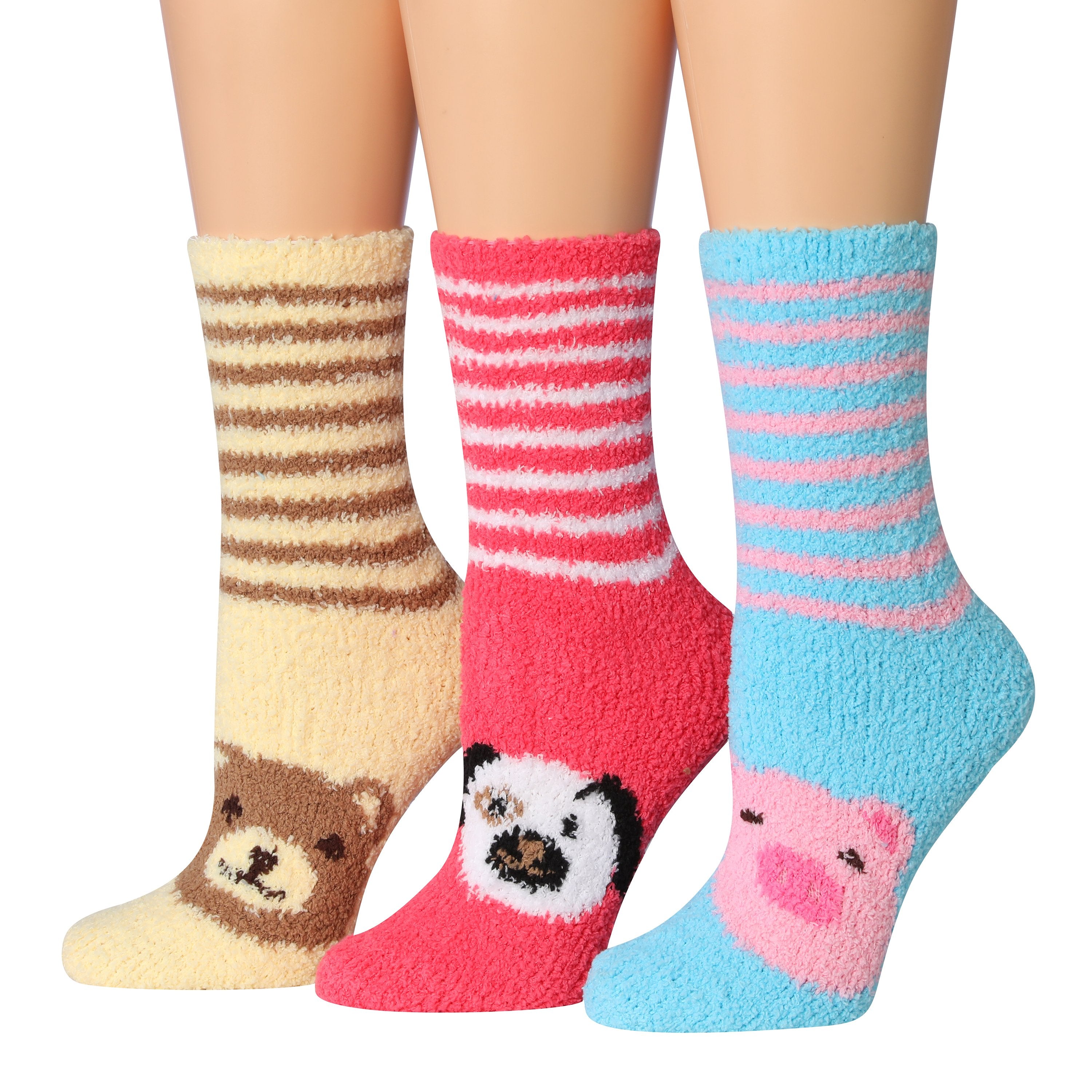 Tipi Toe Women's 3-Pairs Winter Snowflakes Anti-Skid Soft Fuzzy Crew Socks in various colors with snowflake patterns.