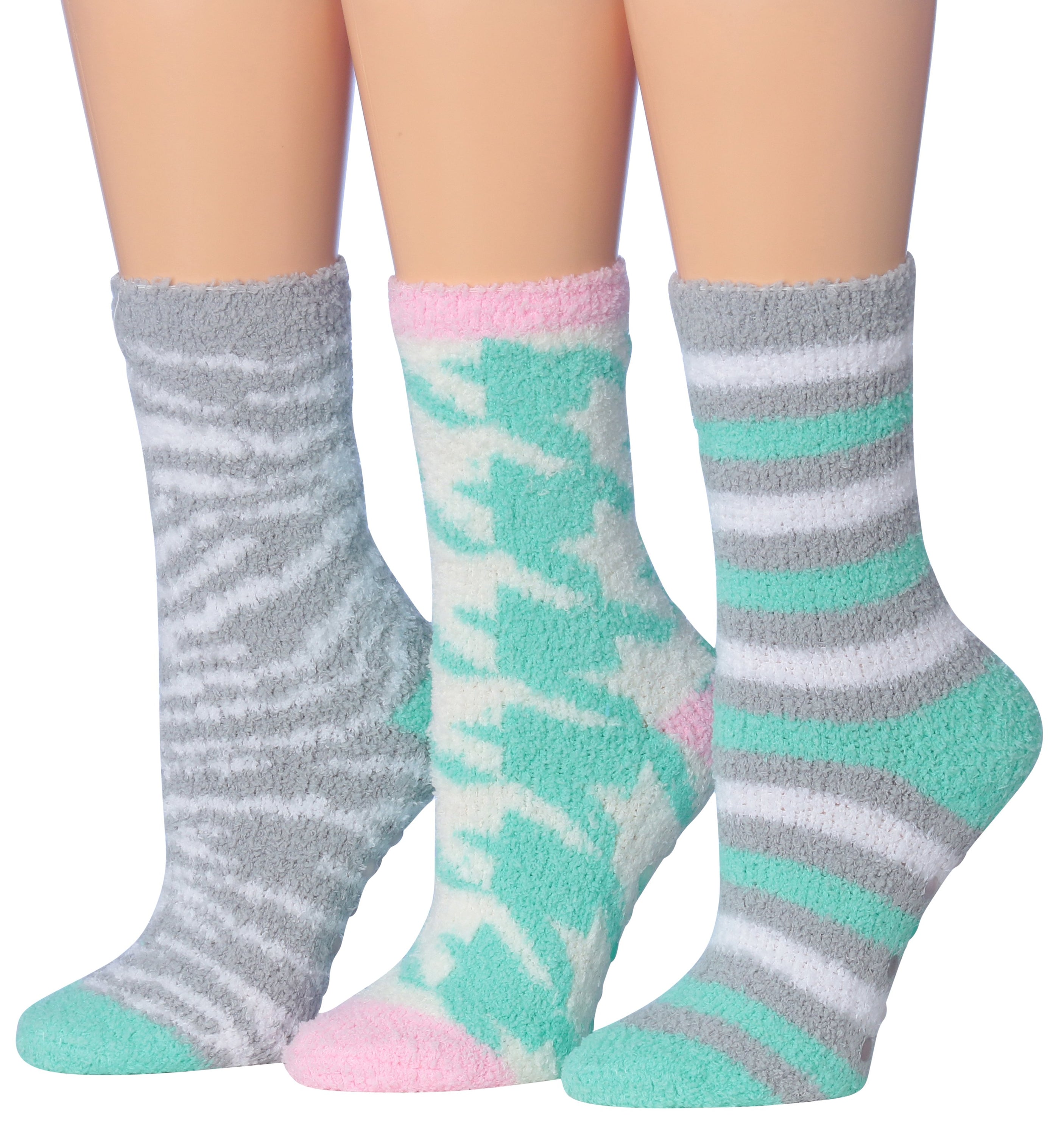 Tipi Toe Women's 3-Pairs Winter Snowflakes Anti-Skid Soft Fuzzy Crew Socks in various colors with snowflake patterns.