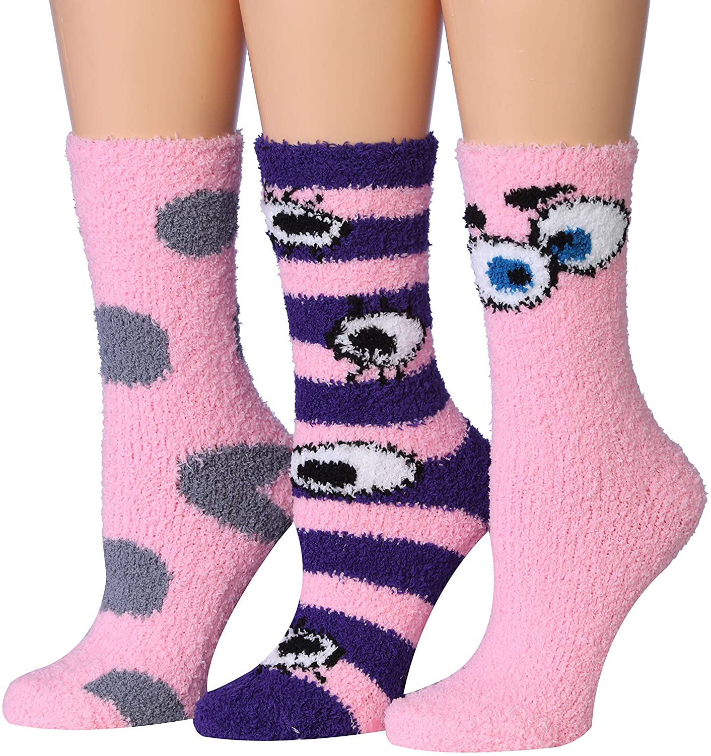 Tipi Toe Women's 3-Pairs Winter Snowflakes Anti-Skid Soft Fuzzy Crew Socks in various colors with snowflake patterns.