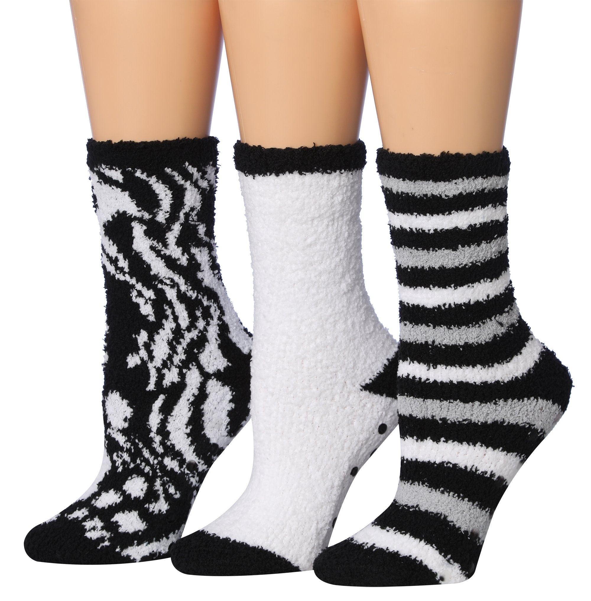 Tipi Toe Women's 3-Pairs Winter Snowflakes Anti-Skid Soft Fuzzy Crew Socks in various colors with snowflake patterns.