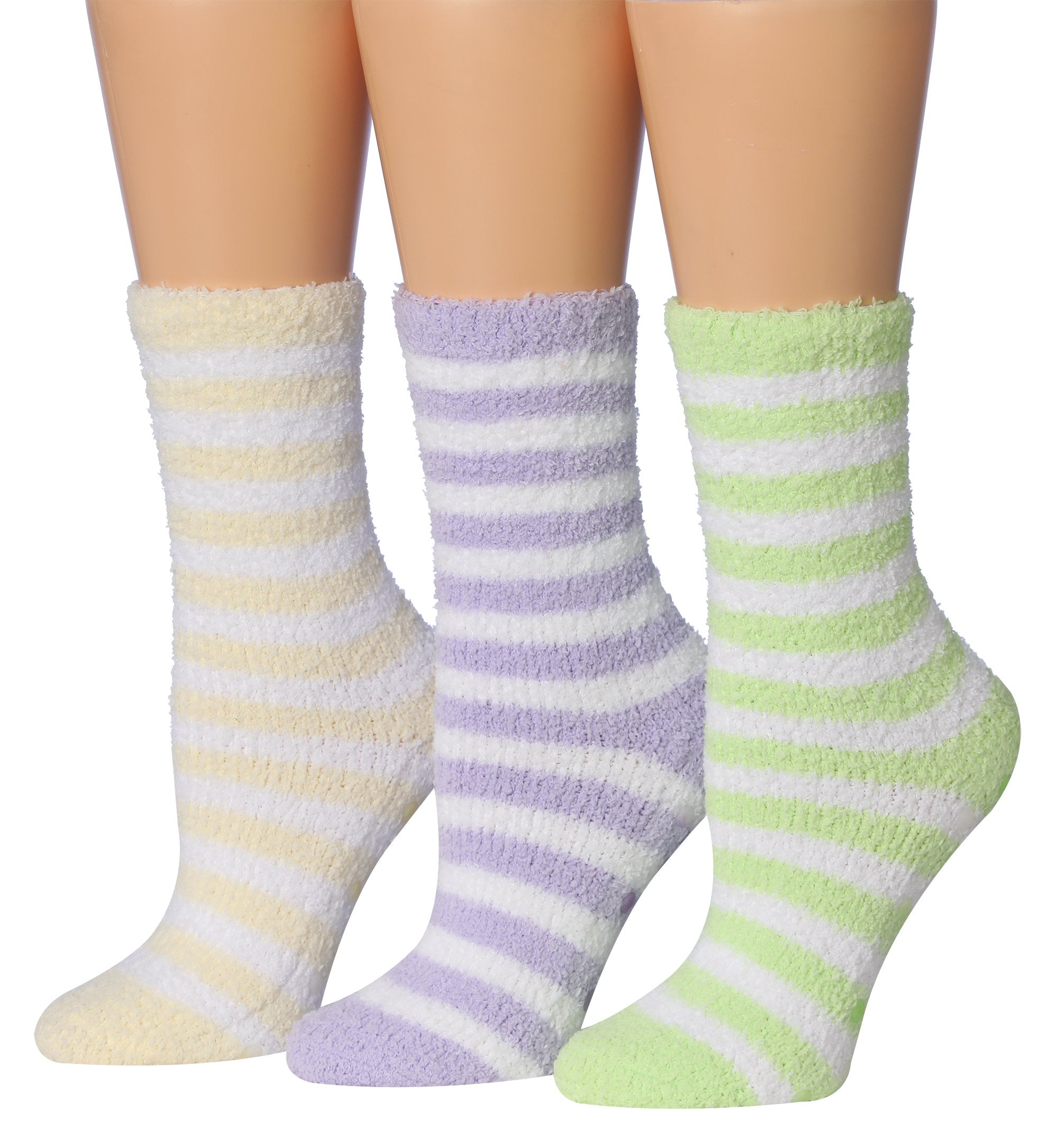 Tipi Toe Women's 3-Pairs Winter Snowflakes Anti-Skid Soft Fuzzy Crew Socks in various colors with snowflake patterns.