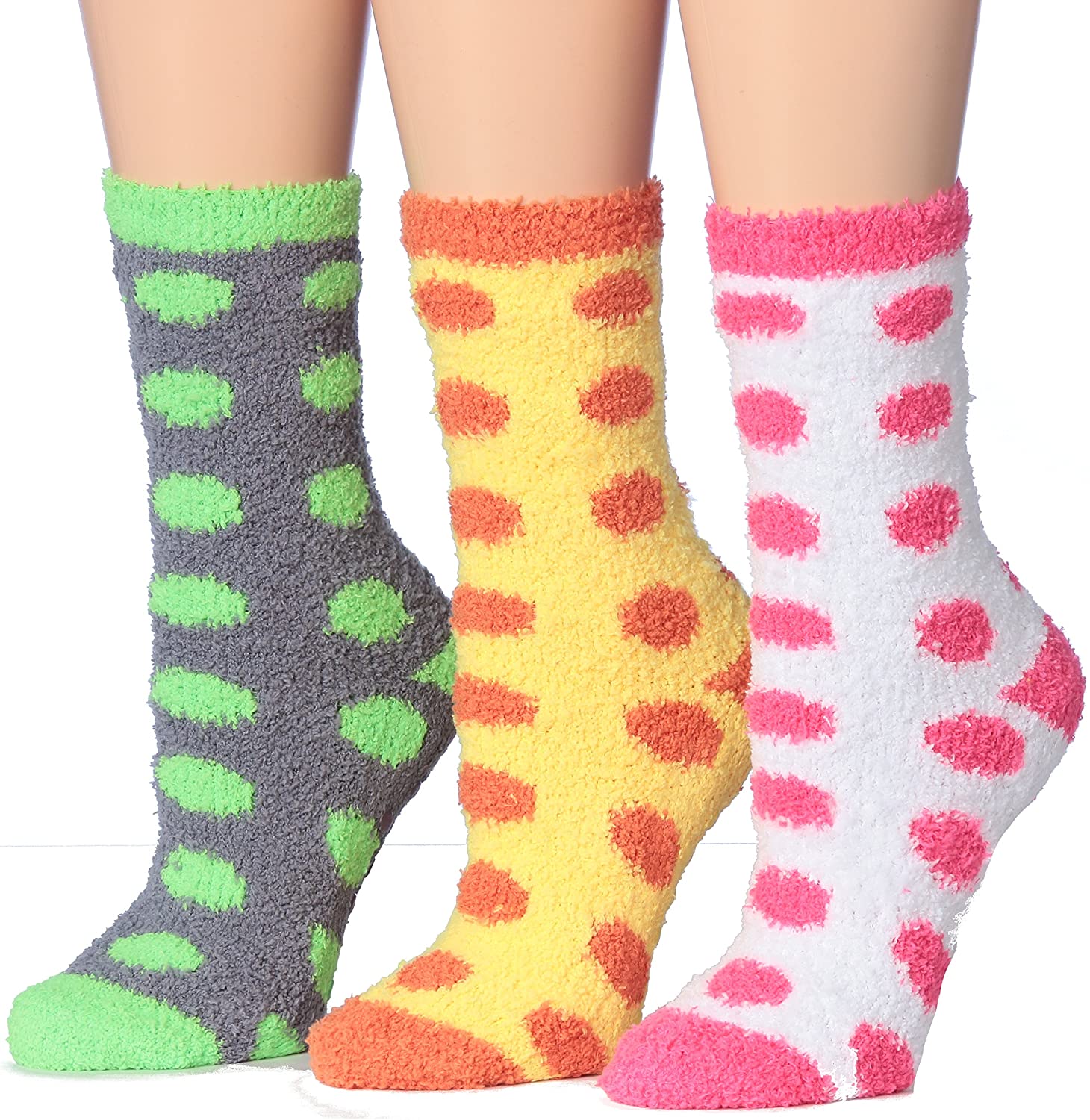 Tipi Toe Women's 3-Pairs Winter Snowflakes Anti-Skid Soft Fuzzy Crew Socks in various colors with snowflake patterns.