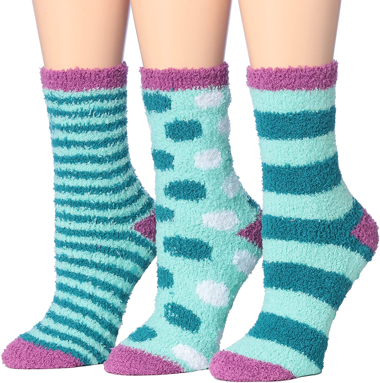 Tipi Toe Women's 3-Pairs Winter Snowflakes Anti-Skid Soft Fuzzy Crew Socks featuring cozy microfiber material and festive snowflake patterns.