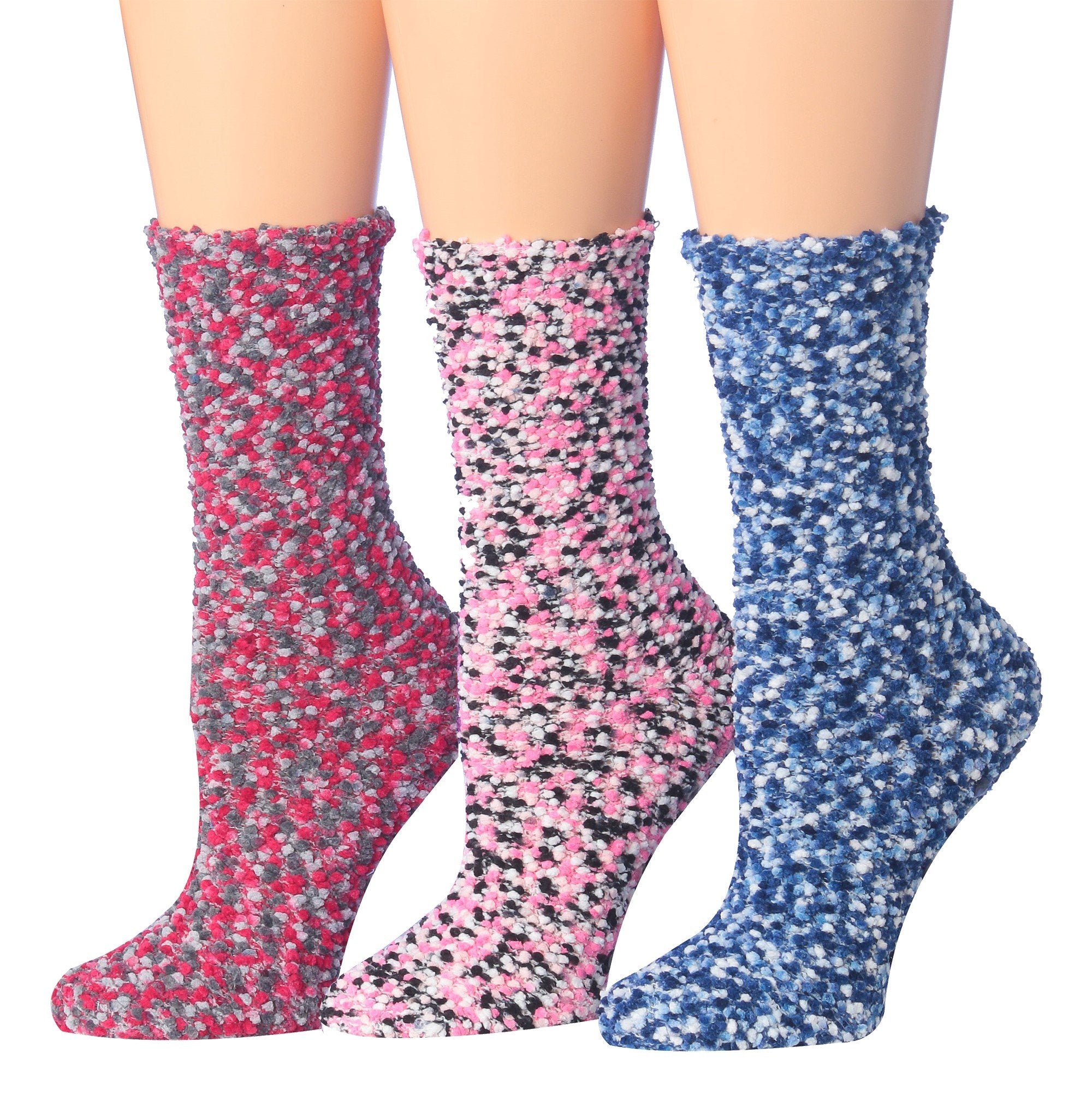 Tipi Toe Women's 3-Pairs Winter Snowflakes Anti-Skid Soft Fuzzy Crew Socks featuring cozy microfiber material and festive snowflake patterns.