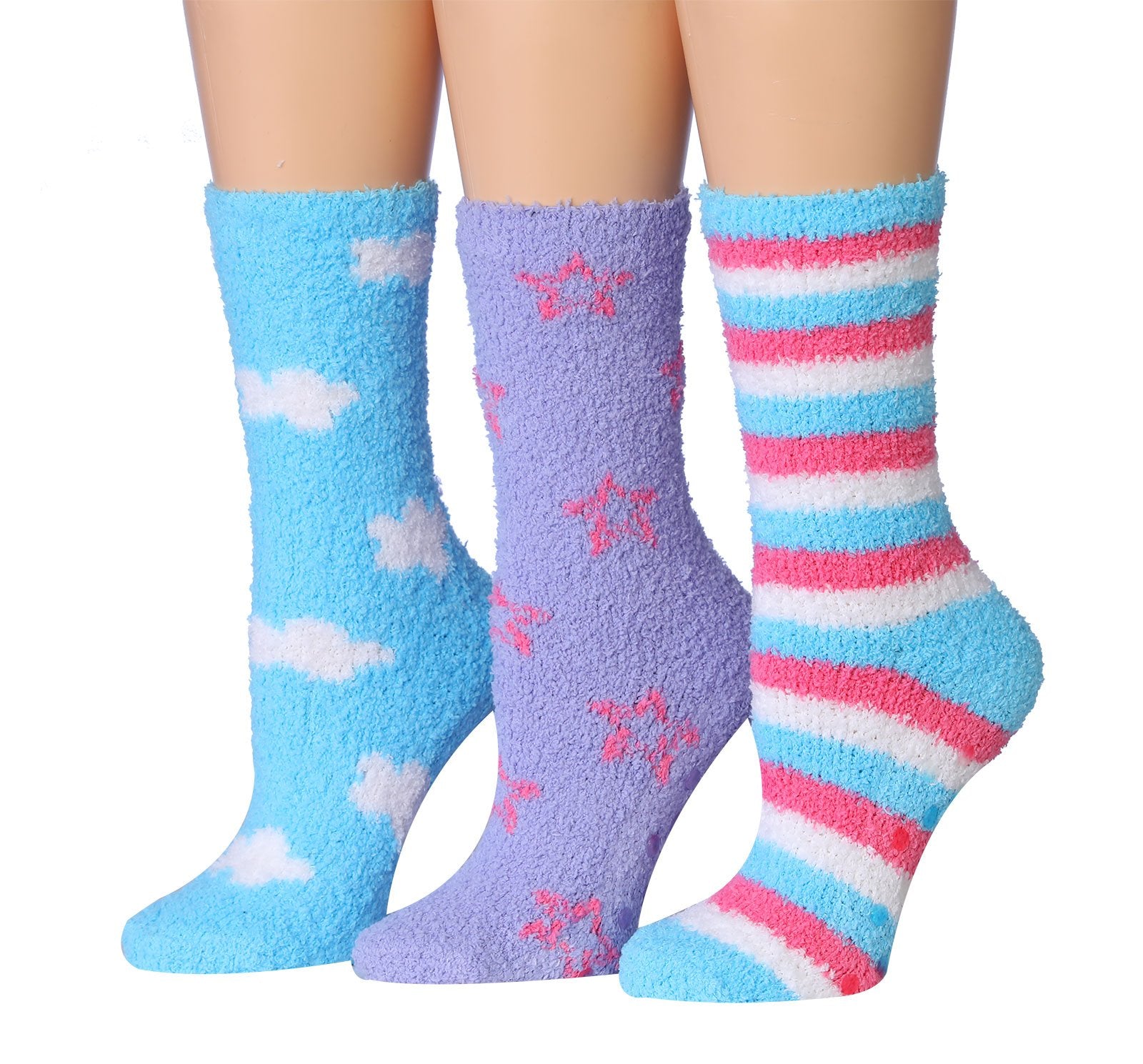 Tipi Toe Women's 3-Pairs Winter Snowflakes Anti-Skid Soft Fuzzy Crew Socks featuring cozy microfiber material and festive snowflake patterns.