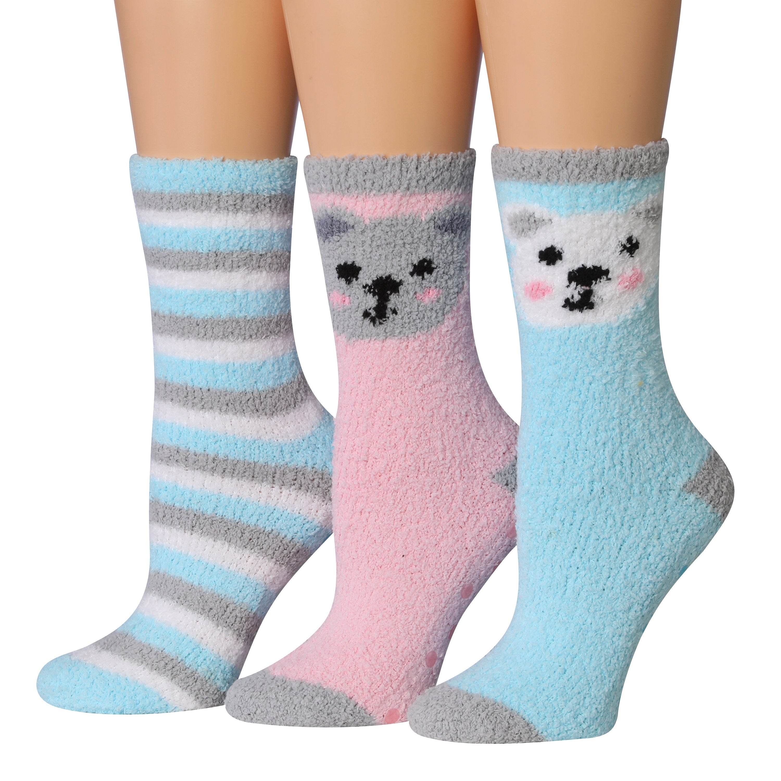 Tipi Toe Women's 3-Pairs Winter Snowflakes Anti-Skid Soft Fuzzy Crew Socks featuring cozy microfiber material and festive snowflake patterns.