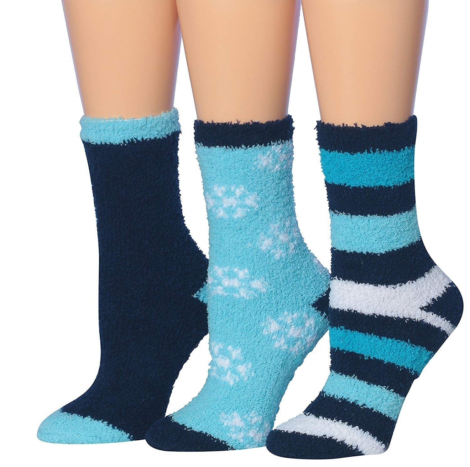 Tipi Toe Women's 3-Pairs Winter Snowflakes Anti-Skid Soft Fuzzy Crew Socks featuring cozy microfiber material and festive snowflake patterns.