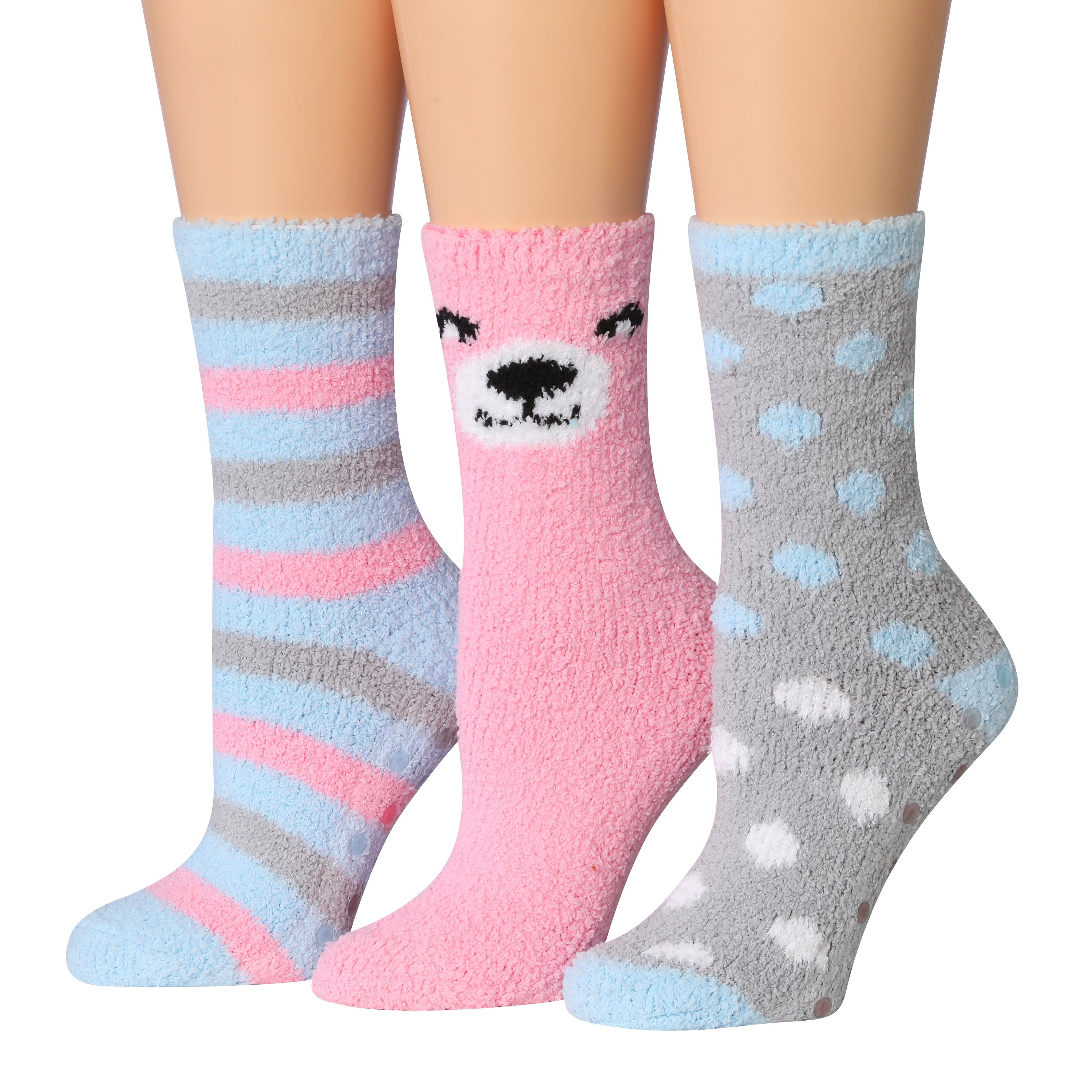 Tipi Toe Women's 3-Pairs Winter Snowflakes Anti-Skid Soft Fuzzy Crew Socks featuring cozy microfiber material and festive snowflake patterns.