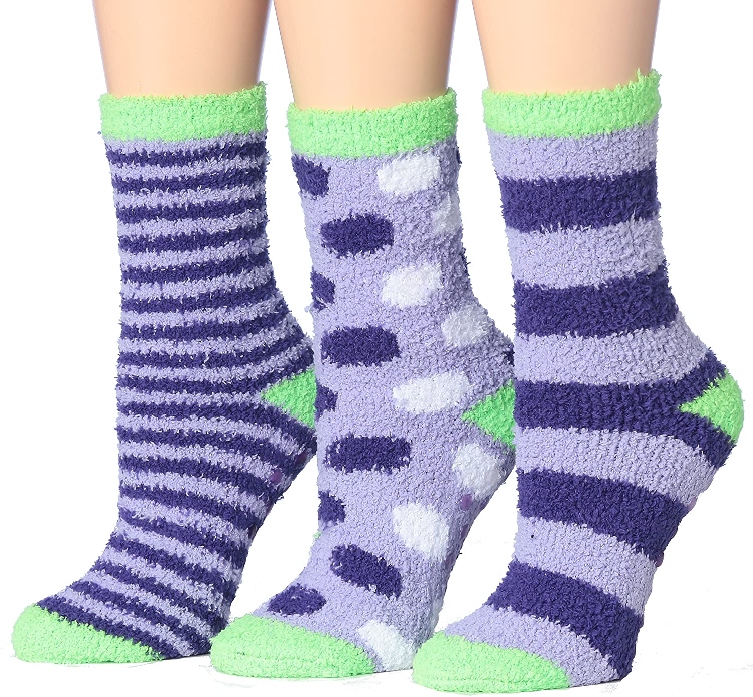 Tipi Toe Women's 3-Pairs Winter Snowflakes Anti-Skid Soft Fuzzy Crew Socks in various colors and patterns, showcasing their cozy and stylish design.