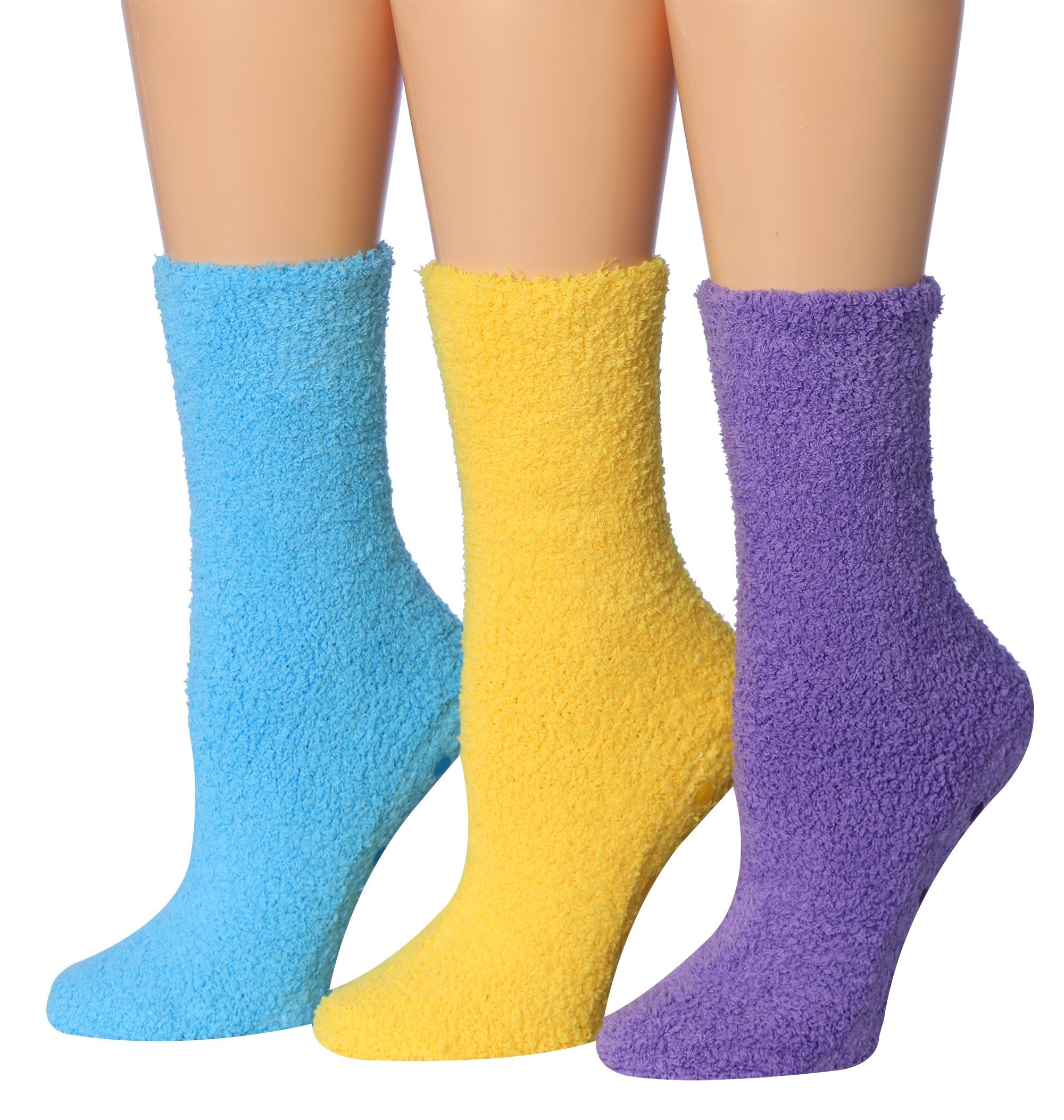 Tipi Toe Women's 3-Pairs Winter Snowflakes Anti-Skid Soft Fuzzy Crew Socks in various colors and patterns, showcasing their cozy and stylish design.