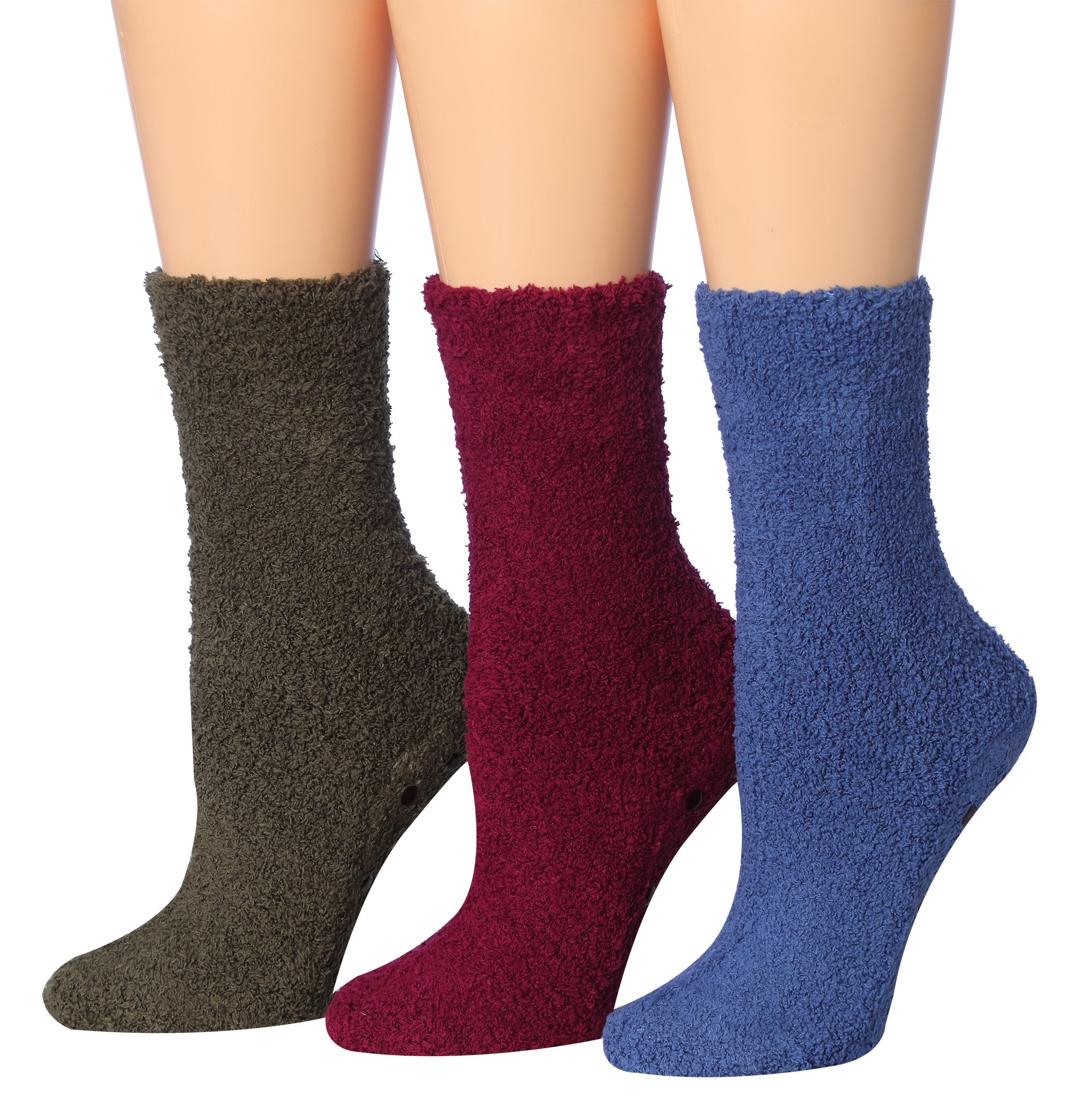 Tipi Toe Women's 3-Pairs Winter Snowflakes Anti-Skid Soft Fuzzy Crew Socks in various colors and patterns, showcasing their cozy and stylish design.