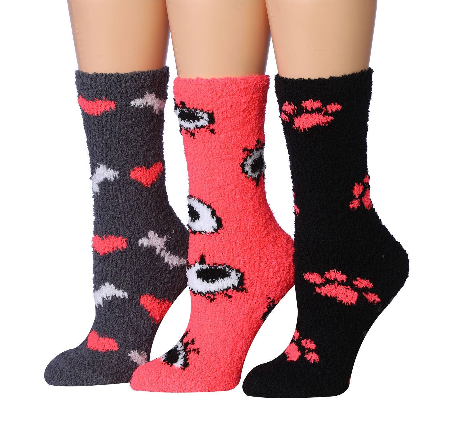 Tipi Toe Women's 3-Pairs Winter Snowflakes Anti-Skid Soft Fuzzy Crew Socks in various colors and patterns, showcasing their cozy and stylish design.