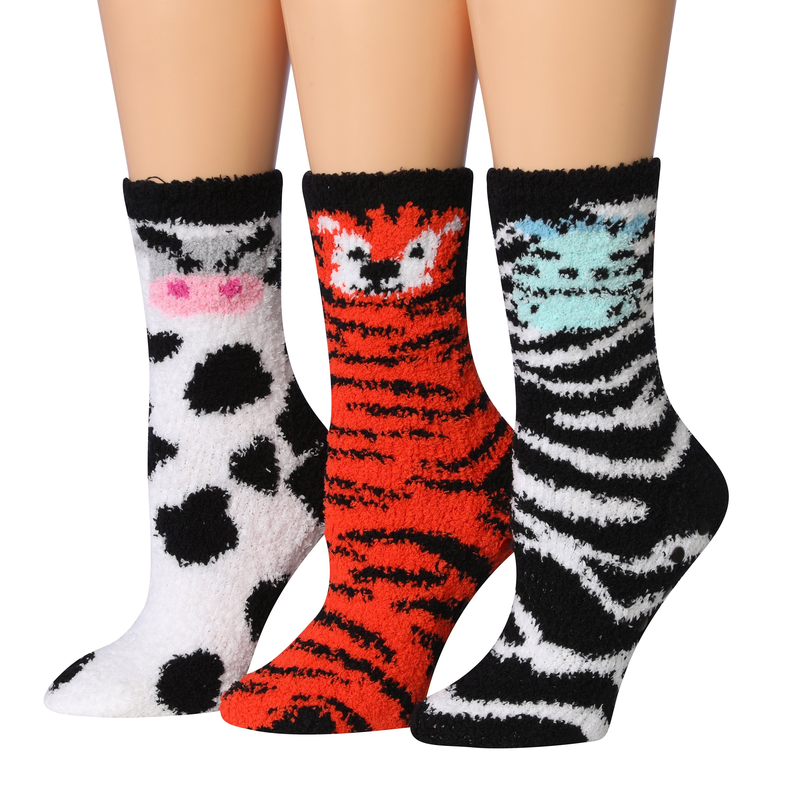 Tipi Toe Women's 3-Pairs Winter Snowflakes Anti-Skid Soft Fuzzy Crew Socks in various colors and patterns, showcasing their cozy and stylish design.