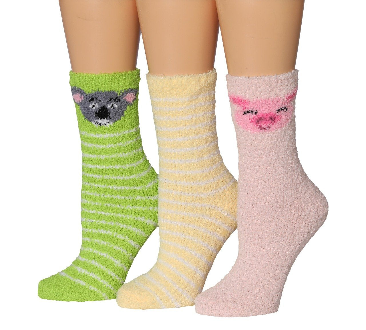 Tipi Toe Women's 3-Pairs Winter Snowflakes Anti-Skid Soft Fuzzy Crew Socks in various colors and patterns, showcasing their cozy and stylish design.