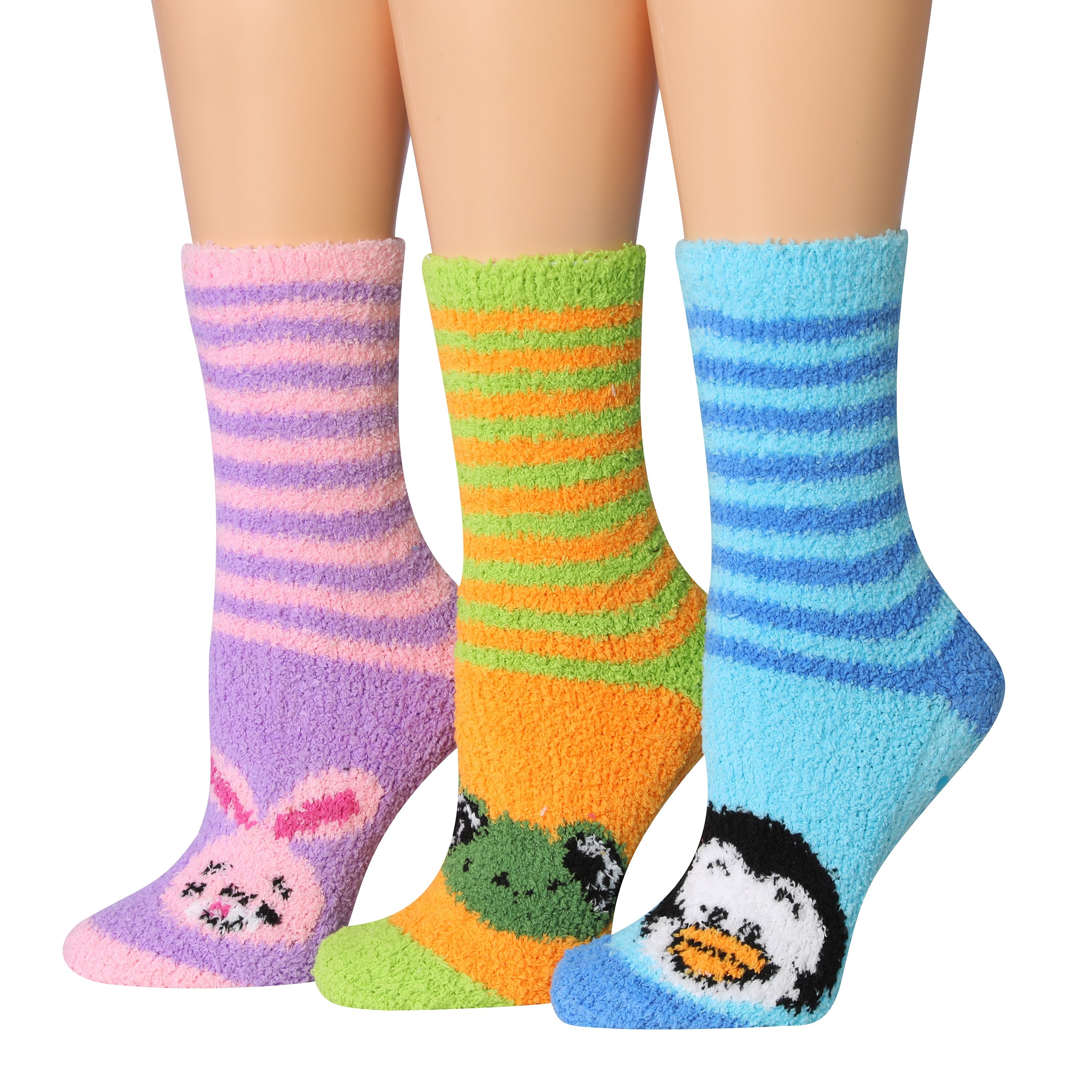 Tipi Toe Women's 3-Pairs Winter Snowflakes Anti-Skid Soft Fuzzy Crew Socks in various colors with a cozy design.