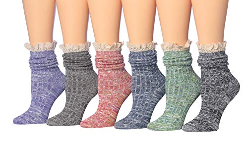 Tipi Toe Women's 6-Pack Cotton Blend Ragg Space Dye Lace Crew Winter Socks in various colors and patterns, showcasing their cozy and stylish design.