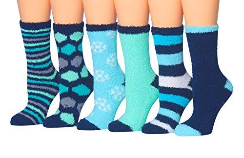 Tipi Toe Women's 6-Pairs Cozy Microfiber Anti-Skid Soft Fuzzy Crew socks in various colorful designs, showcasing their soft texture and anti-skid features.