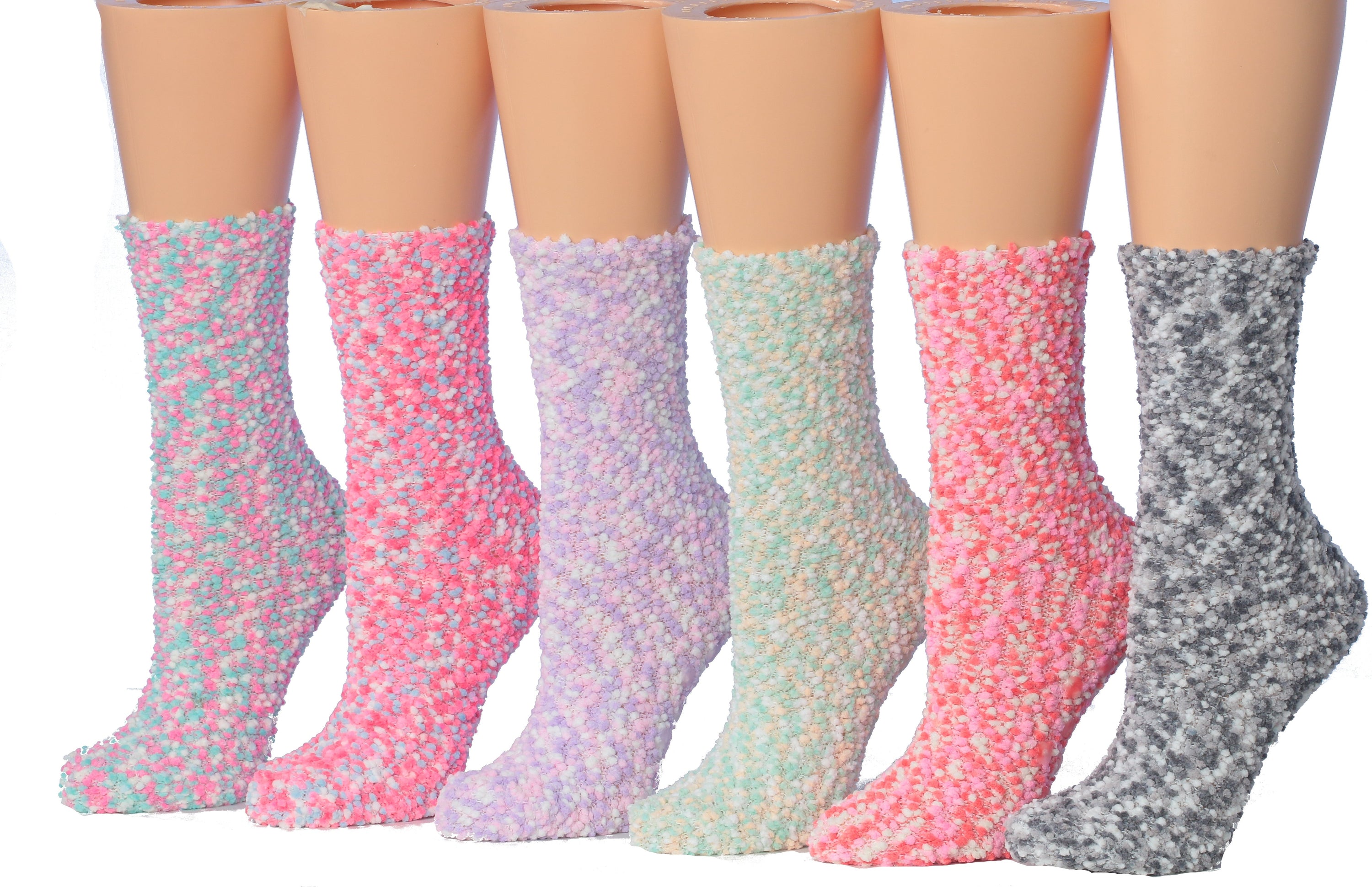 Tipi Toe Women's 6-Pairs Cozy Microfiber Anti-Skid Soft Fuzzy Crew socks in various colorful designs, showcasing their soft texture and anti-skid features.