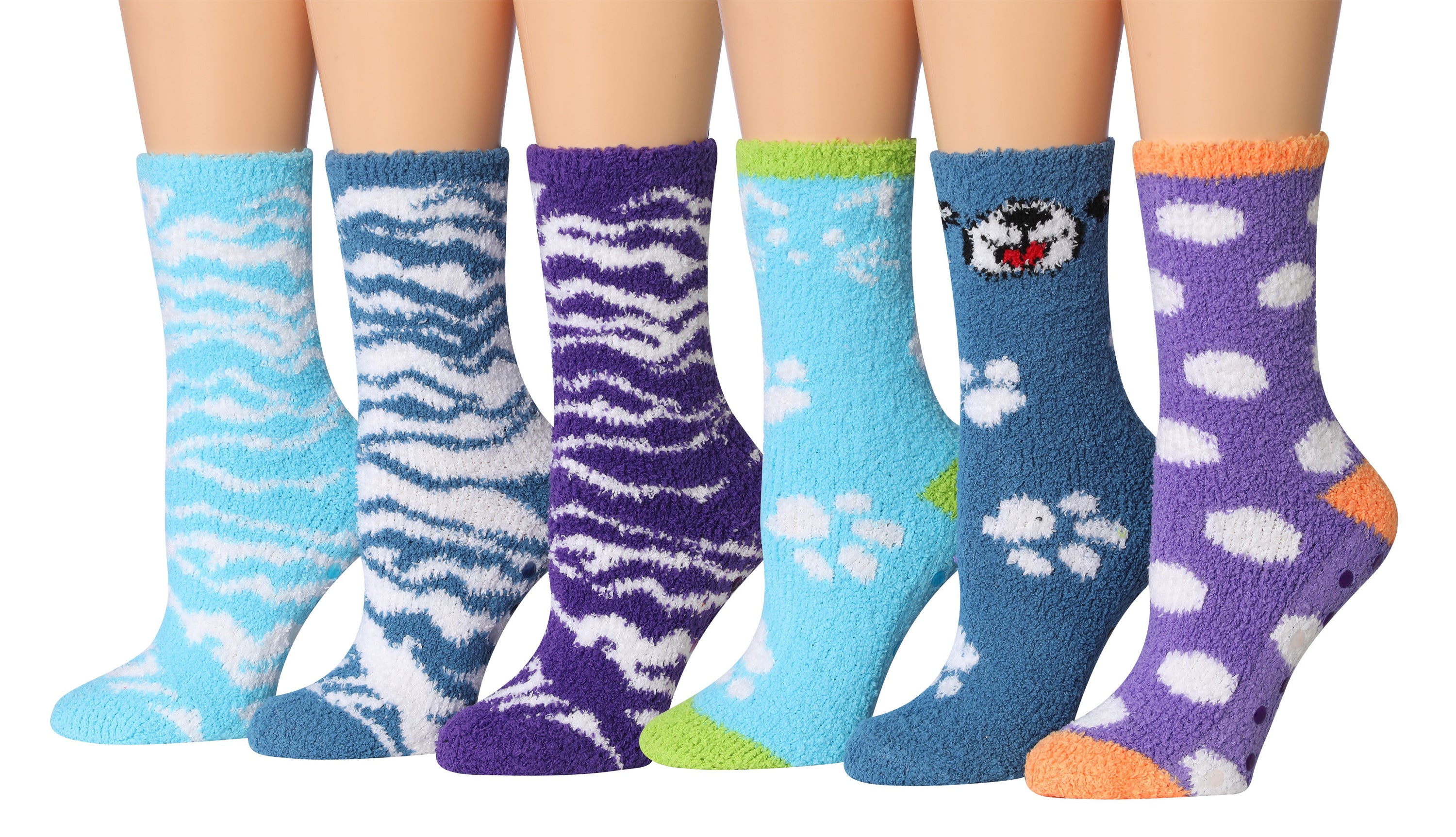 Tipi Toe Women's 6-Pairs Cozy Microfiber Anti-Skid Soft Fuzzy Crew socks in various colorful designs, showcasing their soft texture and anti-skid features.