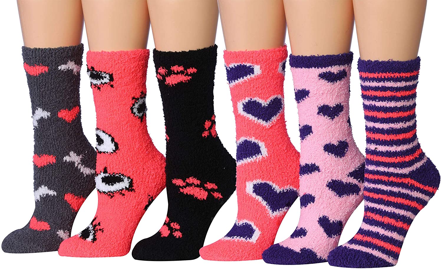 Tipi Toe Women's 6-Pairs Cozy Microfiber Anti-Skid Soft Fuzzy Crew socks in various colorful designs, showcasing their soft texture and anti-skid features.