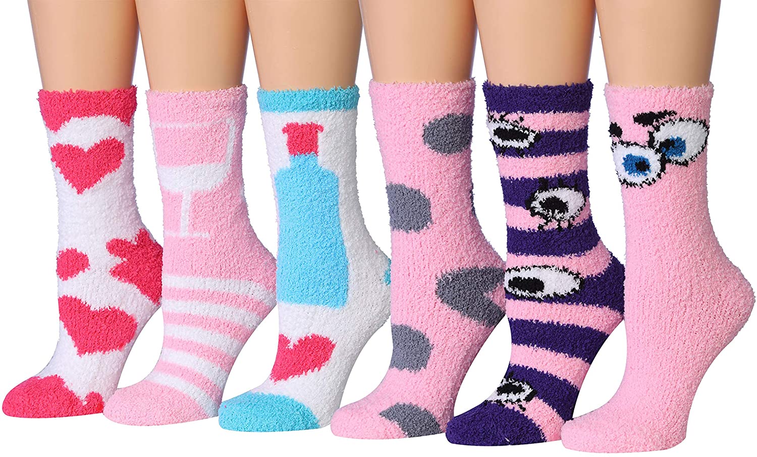 Tipi Toe Women's 6-Pairs Cozy Microfiber Anti-Skid Soft Fuzzy Crew socks in various colorful designs, showcasing their soft texture and anti-skid features.