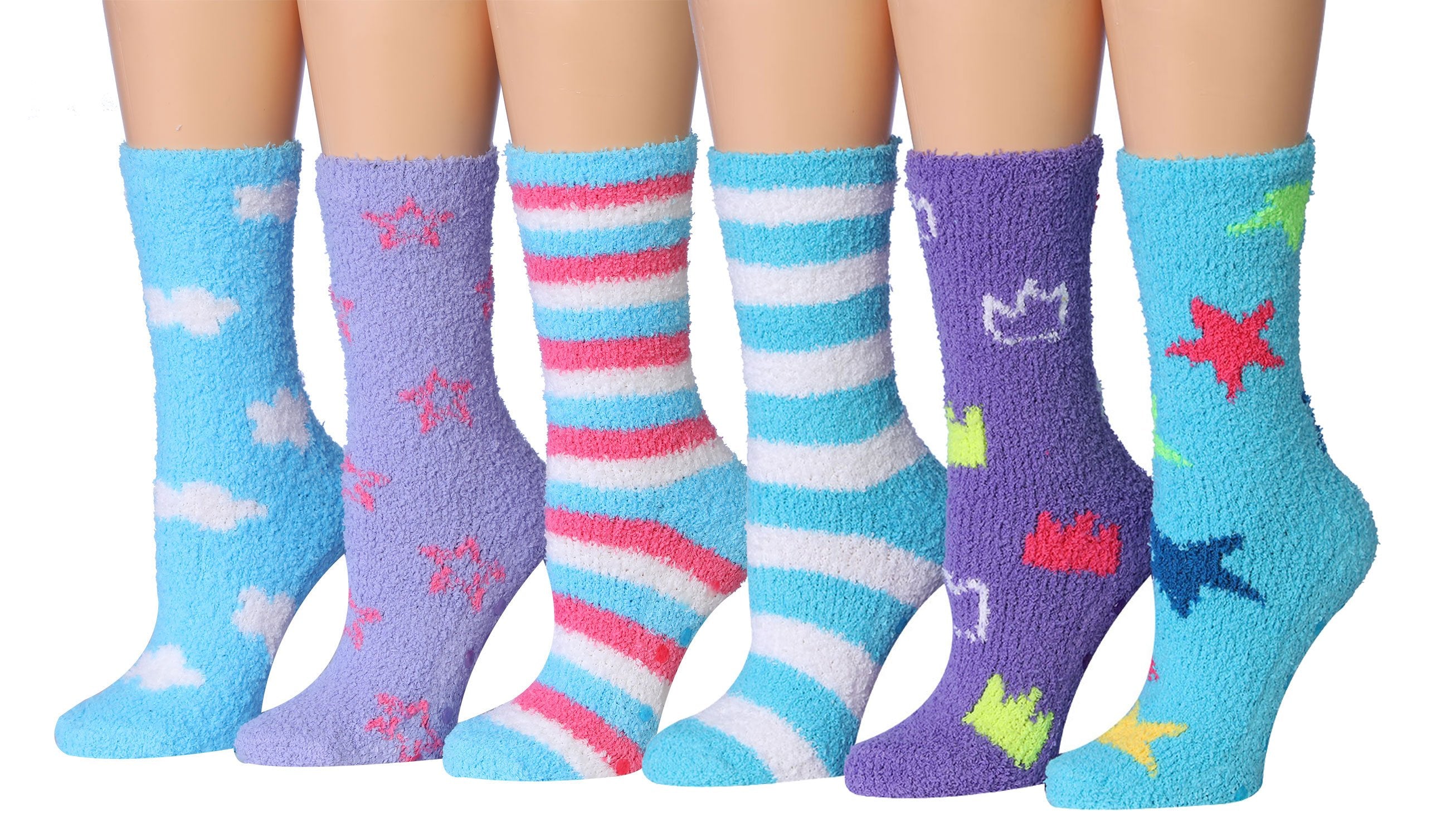 Tipi Toe Women's 6-Pairs Cozy Microfiber Anti-Skid Soft Fuzzy Crew socks in various colorful designs, showcasing their soft texture and anti-skid features.