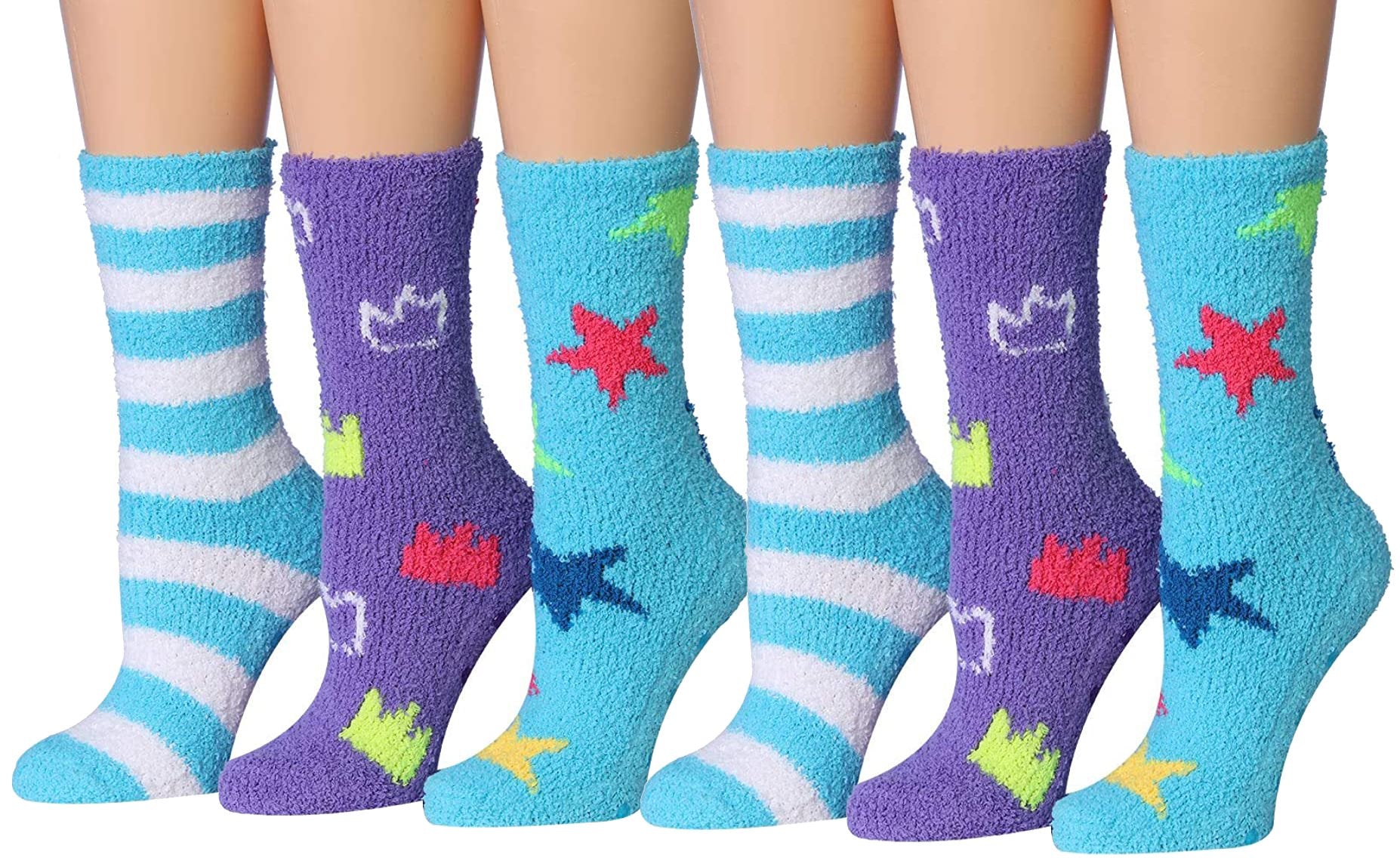 Tipi Toe Women's 6-Pairs Cozy Microfiber Anti-Skid Soft Fuzzy Crew socks in various colorful designs, showcasing their soft texture and anti-skid features.